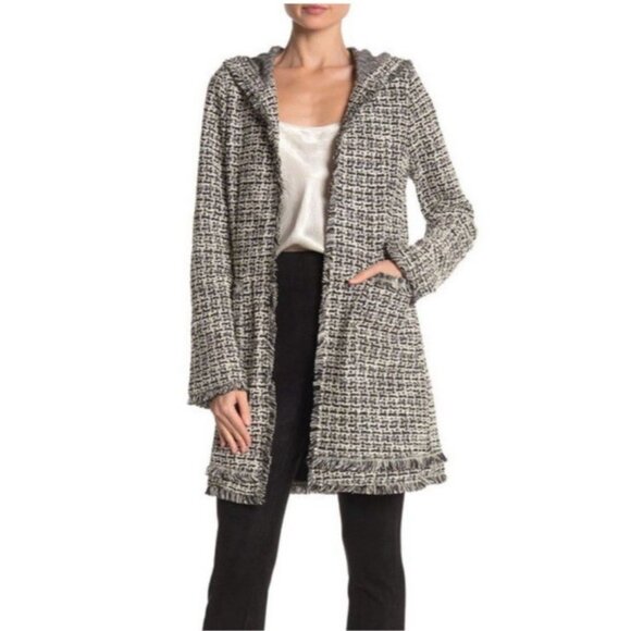 Laundry by Shelli Segal Boucle Jacket Size Small Fringed Hem Edges Cuff Hooded - Picture 5 of 12